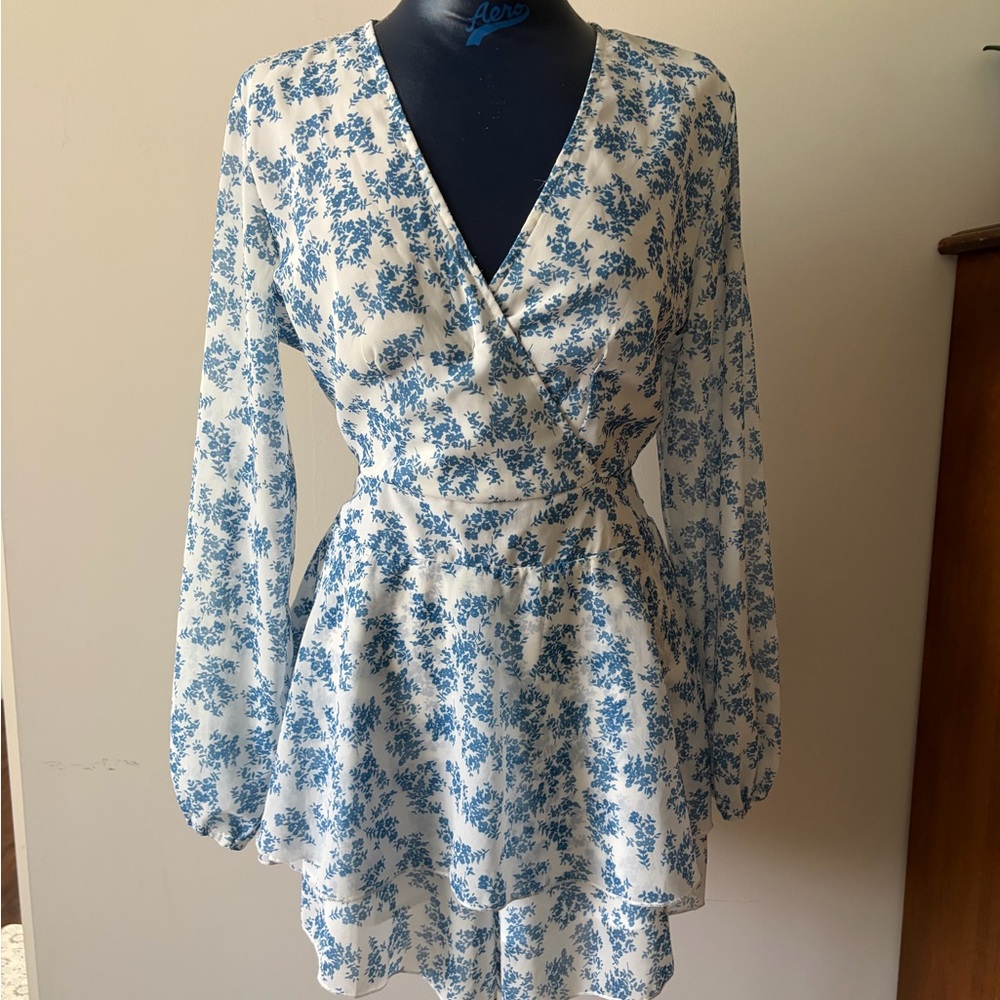 Blue Floral Long-Sleeve Wrap Mini Dress with Built-in Shorts